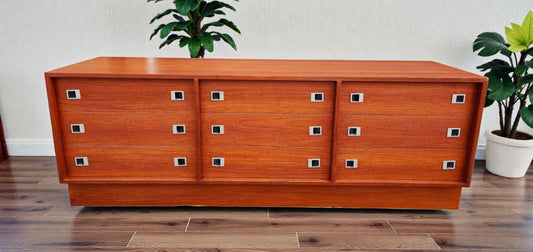 REFINISHED Mid Century Modern Teak & Chrome Dresser 9 Drawers, Low 6 ft