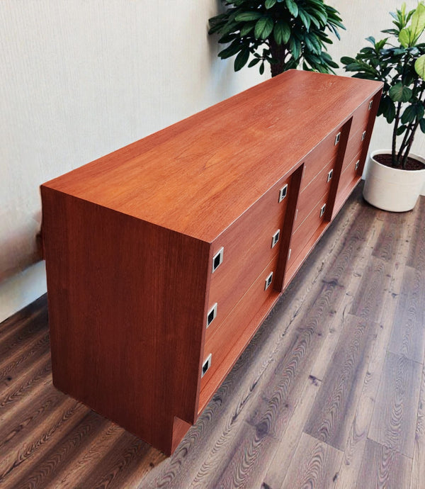 REFINISHED Mid Century Modern Teak & Chrome Dresser 9 Drawers, Low 6 ft