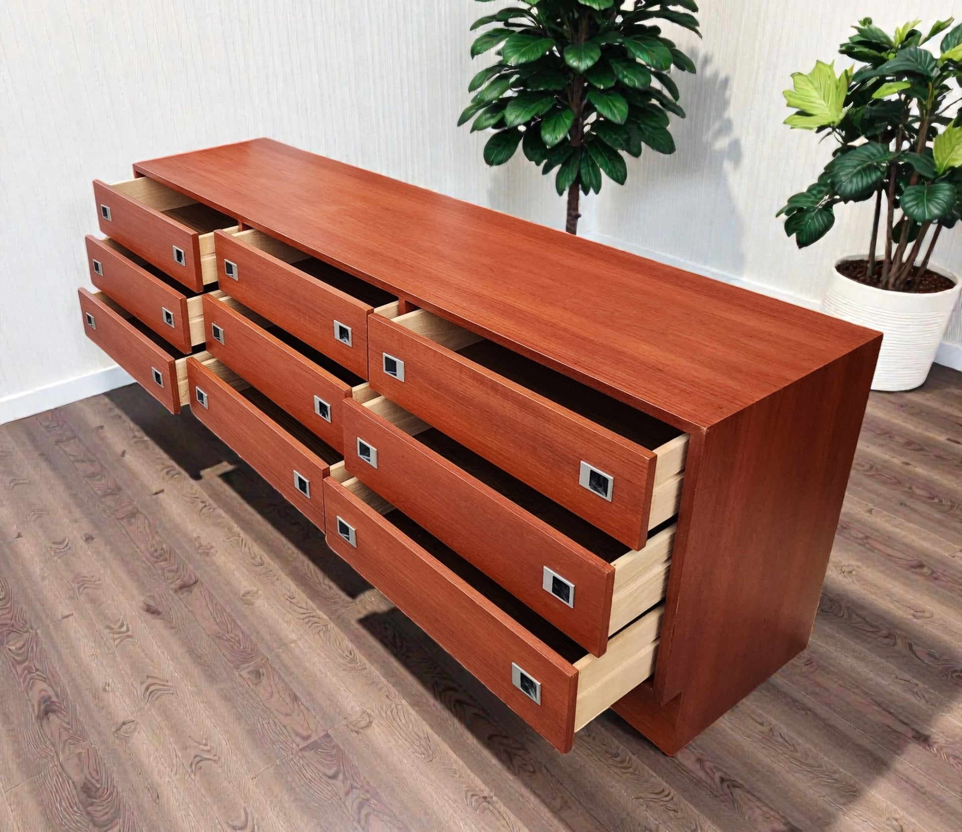 REFINISHED Mid Century Modern Teak & Chrome Dresser 9 Drawers, Low 6 f – Mid Century Modern Toronto
