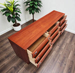 REFINISHED Mid Century Modern Teak & Chrome Dresser 9 Drawers, Low 6 ft 4