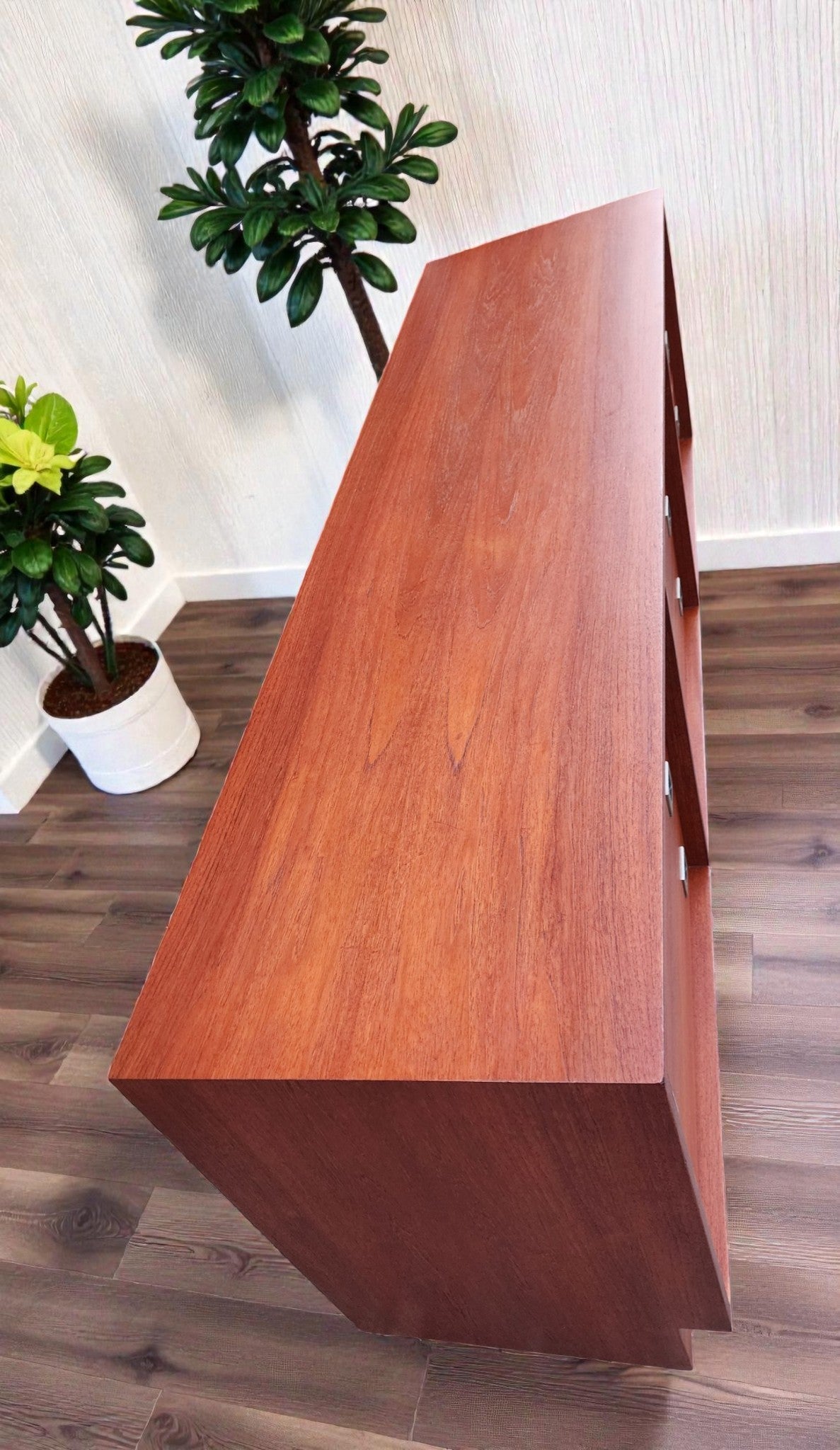 REFINISHED Mid Century Modern Teak & Chrome Dresser 9 Drawers, Low 6 ft