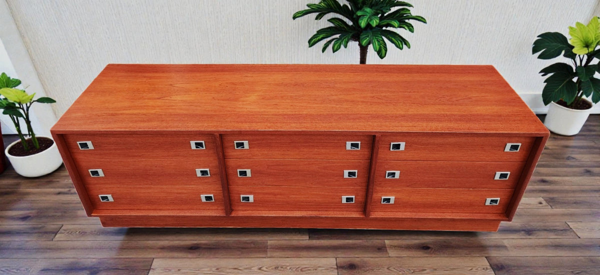 REFINISHED Mid Century Modern Teak & Chrome Dresser 9 Drawers, Low 6 ft