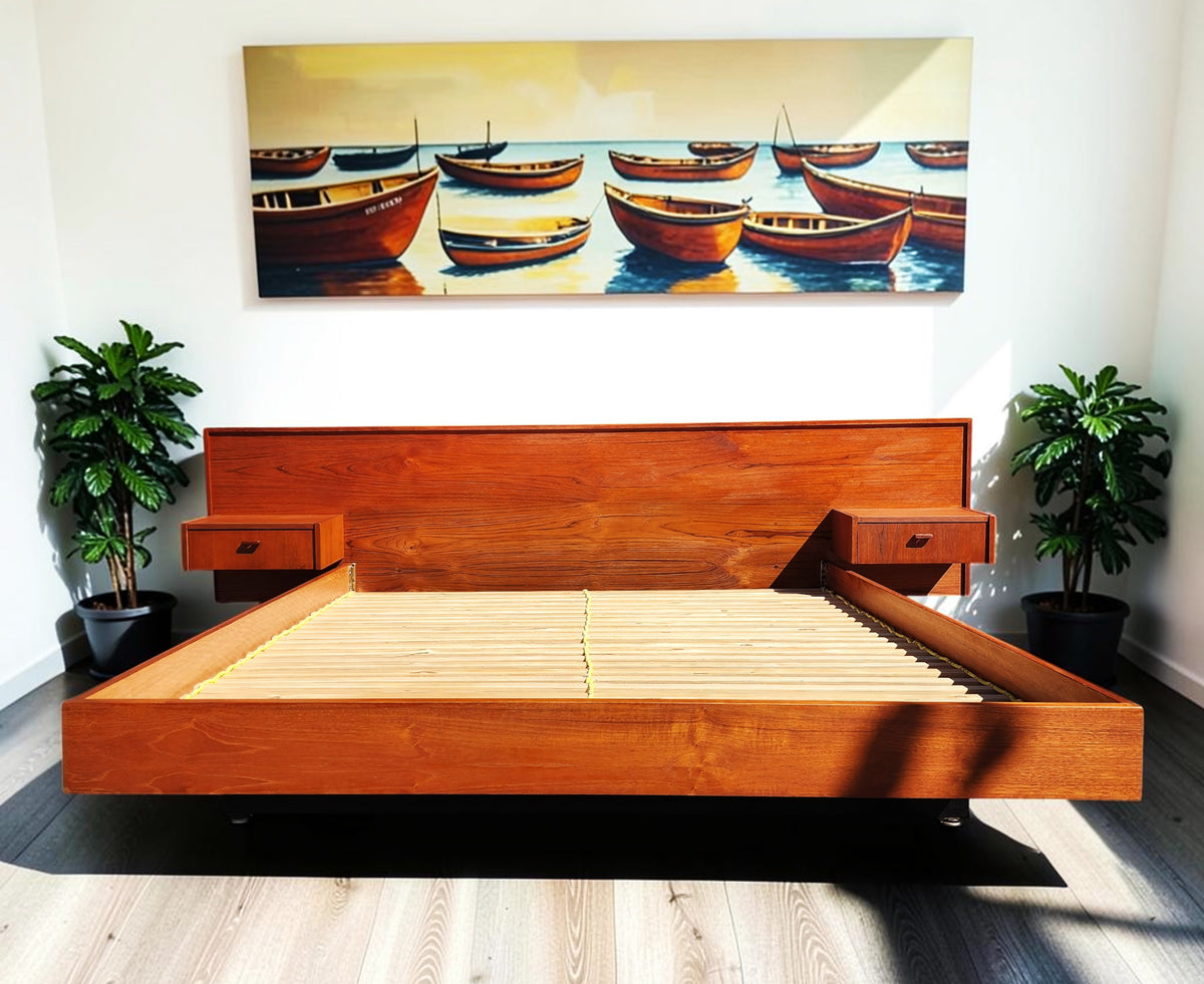 REFINISHED MCM Teak Bed w Floating Nightstands & Drawers Queen by REFF