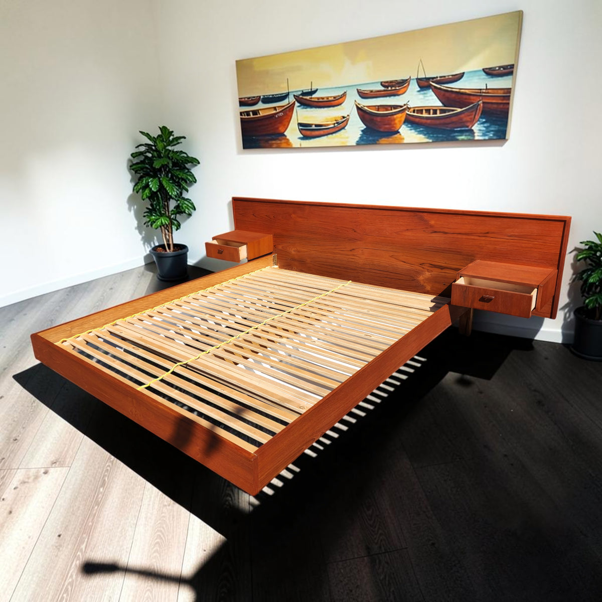 REFINISHED MCM Teak Bed w Floating Nightstands & Drawers Queen by REFF