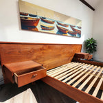 REFINISHED MCM Teak Bed w Floating Nightstands & Drawers Queen by REFF 10