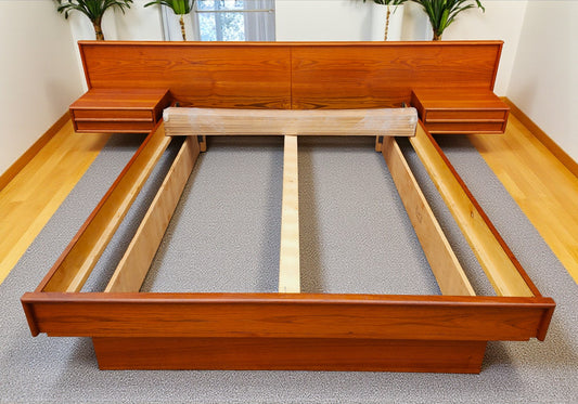 REFINISHED Mid Century Modern Teak Bed w Floating Nightstands Queen