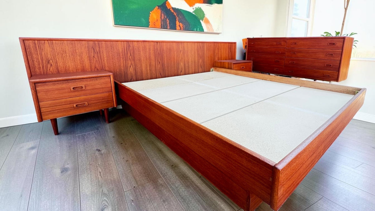REFINISHED Mid Century Modern Teak Queen Bed w Nightstands & Dresser