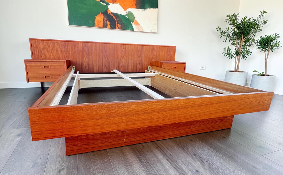 REFINISHED Mid Century Modern Teak Queen Bed w Nightstands & Dresser