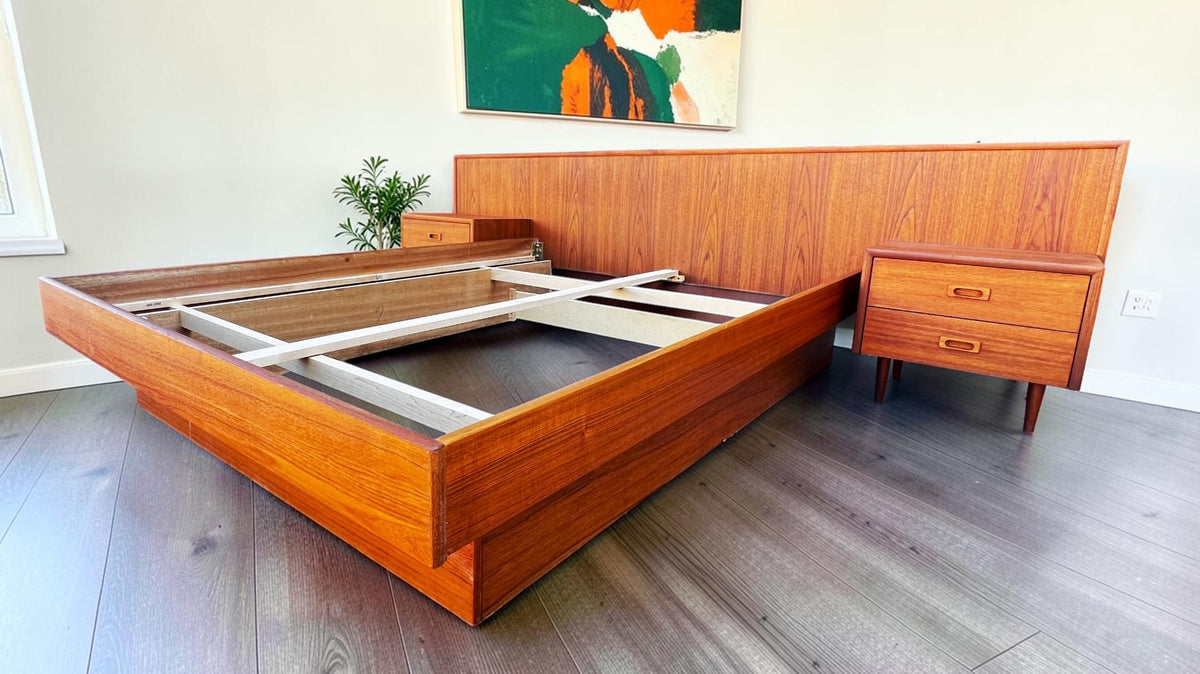REFINISHED Mid Century Modern Teak Queen Bed w Nightstands & Dresser