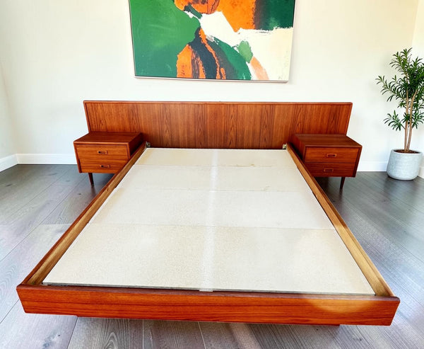 REFINISHED Mid Century Modern Teak Queen Bed w Nightstands & Dresser