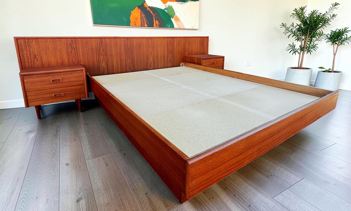 REFINISHED Mid Century Modern Teak Queen Bed w Nightstands & Dresser