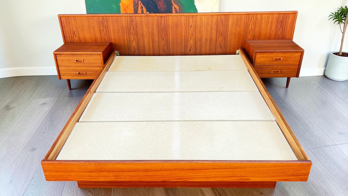 REFINISHED Mid Century Modern Teak Queen Bed w Nightstands & Dresser