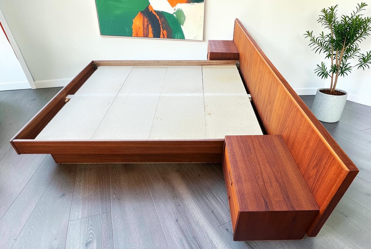 REFINISHED Mid Century Modern Teak Queen Bed w Nightstands & Dresser