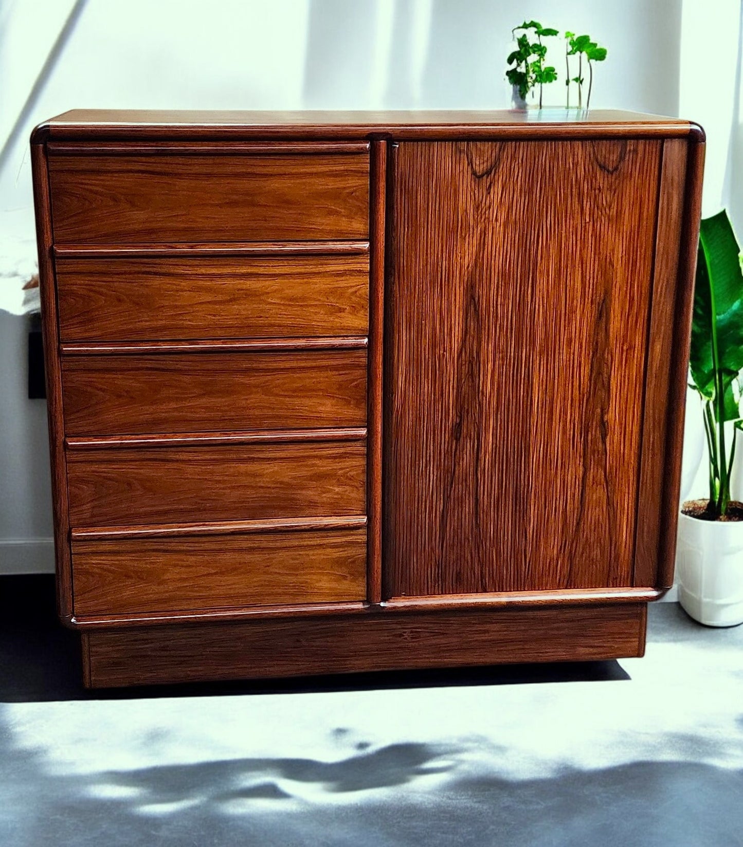 RESTORED Danish Mid Century Modern Rosewood Tambour Cabinet 51" w Finished Back
