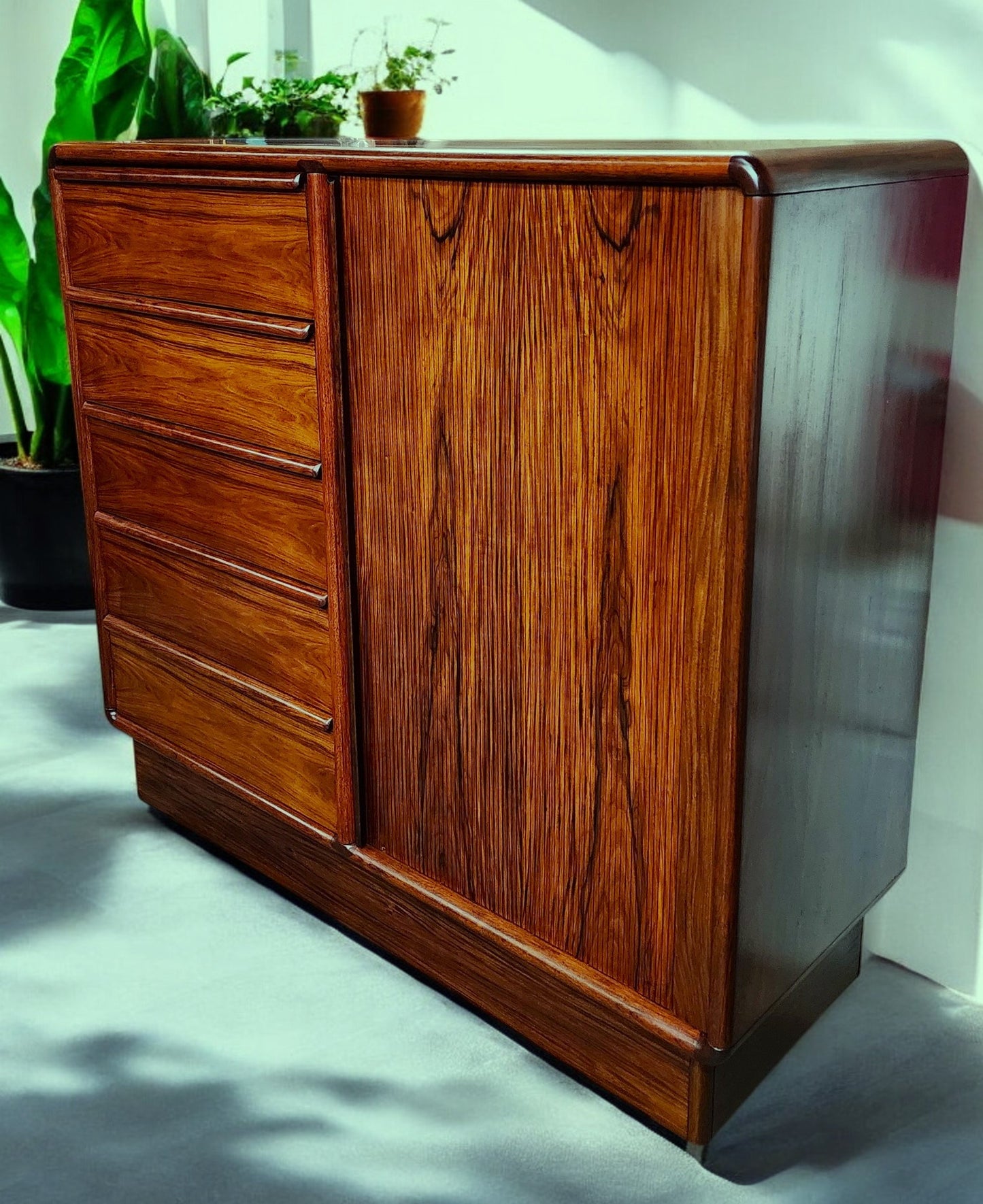 RESTORED Danish Mid Century Modern Rosewood Tambour Cabinet 51" w Finished Back