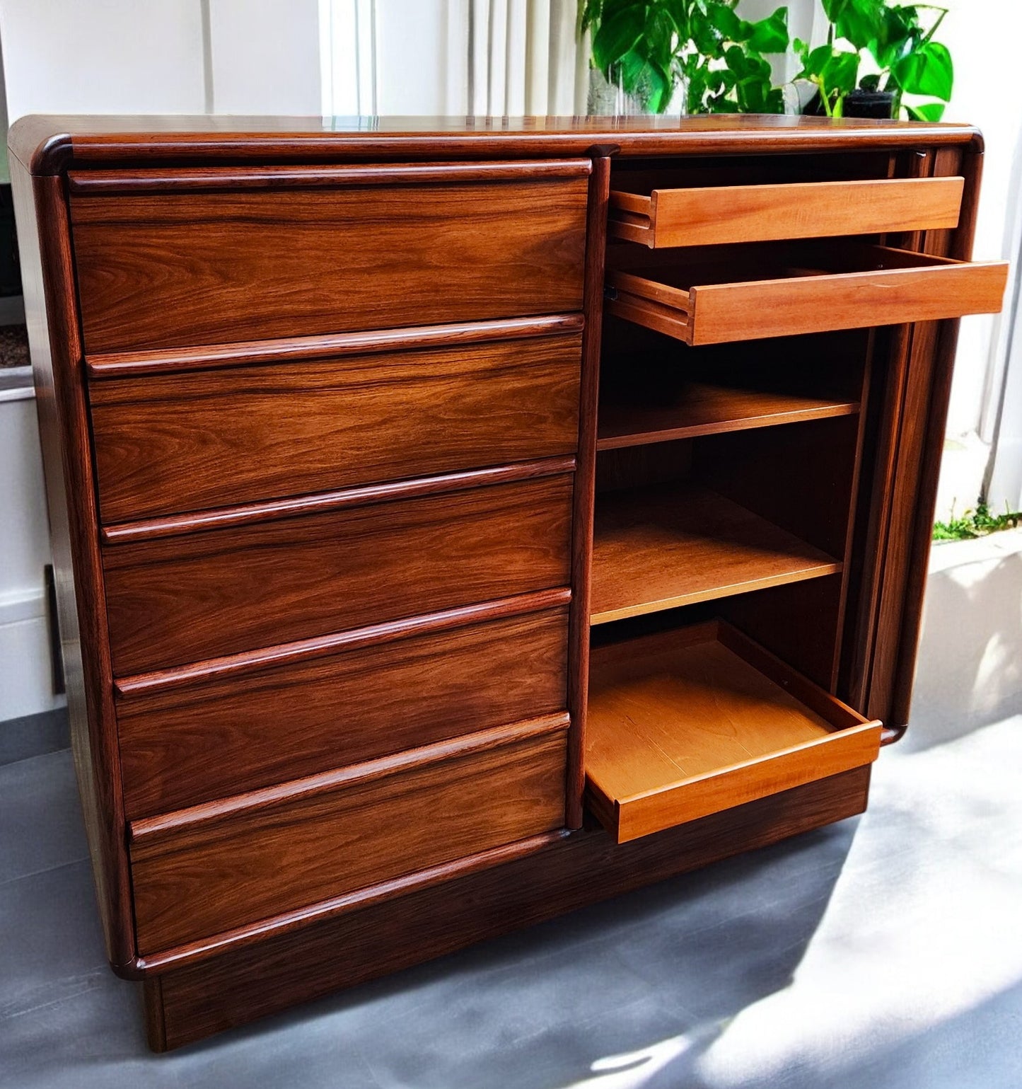 RESTORED Danish Mid Century Modern Rosewood Tambour Cabinet 51" w Finished Back