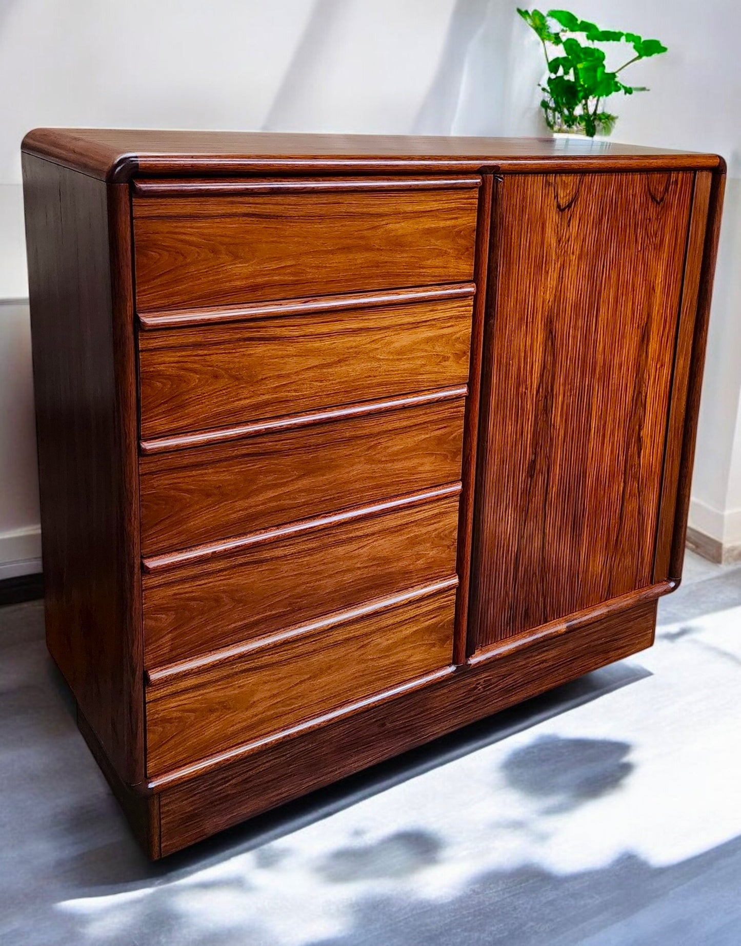 RESTORED Danish Mid Century Modern Rosewood Tambour Cabinet 51" w Finished Back