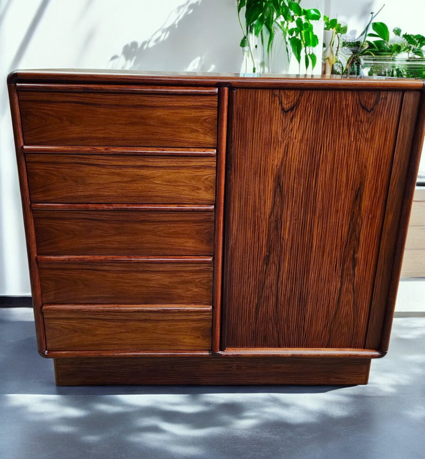 RESTORED Danish Mid Century Modern Rosewood Tambour Cabinet 51" w Finished Back