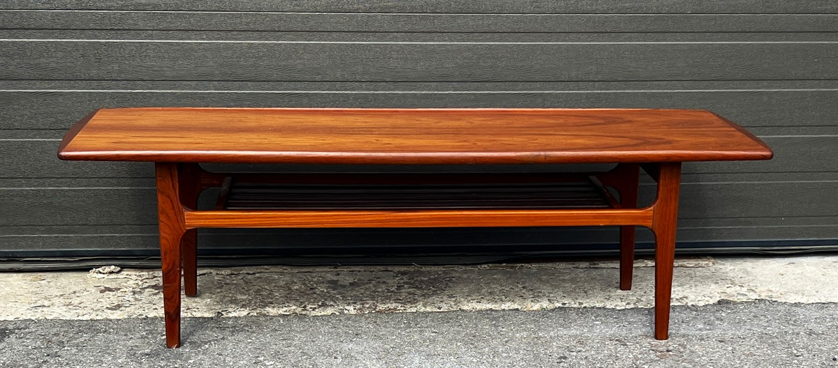 REFINISHED Danish Mid Century Modern Teak Coffee Table with Slatted Shelf 59.5