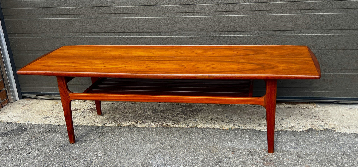 REFINISHED Danish Mid Century Modern Teak Coffee Table with Slatted Shelf 59.5