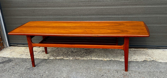 REFINISHED Danish Mid Century Modern Teak Coffee Table with Slatted Shelf 59.5"