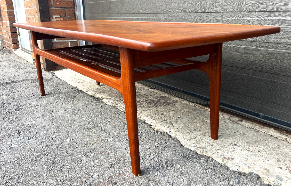 REFINISHED Danish Mid Century Modern Teak Coffee Table with Slatted Shelf 59.5