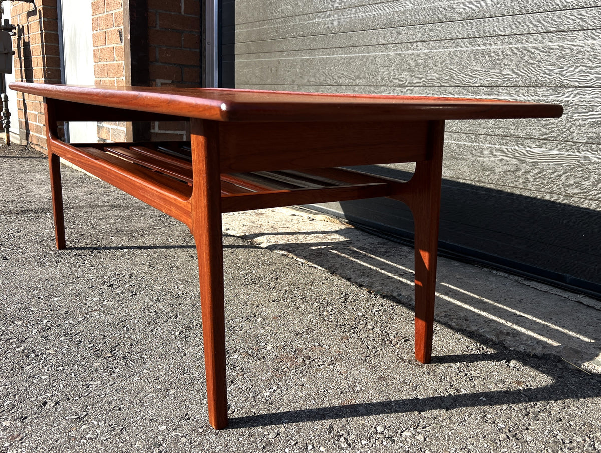 REFINISHED Danish Mid Century Modern Teak Coffee Table with Slatted Shelf 59.5