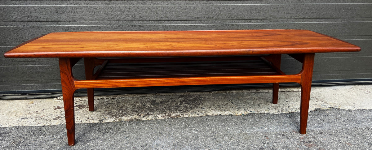 REFINISHED Danish Mid Century Modern Teak Coffee Table with Slatted Shelf 59.5