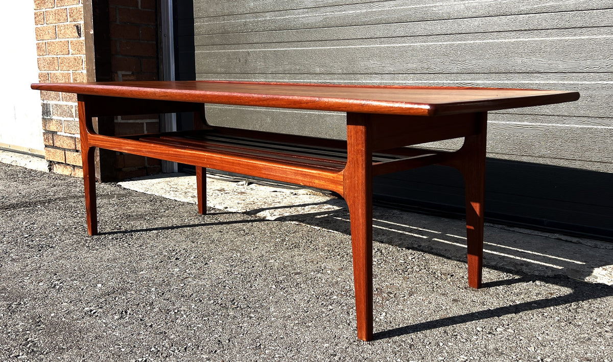 REFINISHED Danish Mid Century Modern Teak Coffee Table with Slatted Shelf 59.5