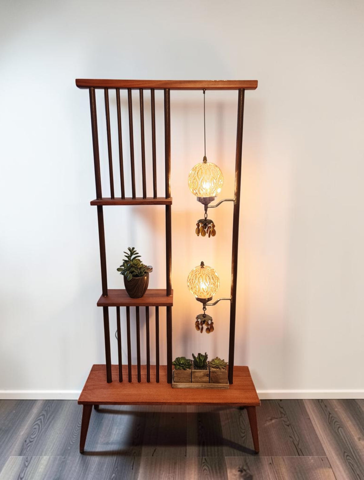 RESTORED MCM Atomic Age Walnut Room Divider w Shelves & Lamps
