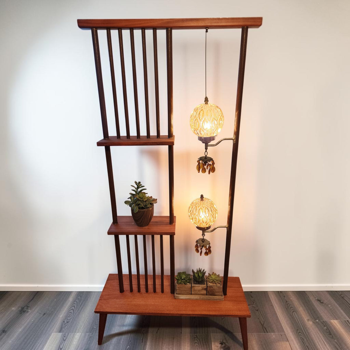 RESTORED MCM Atomic Age Walnut Room Divider w Shelves & Lamps