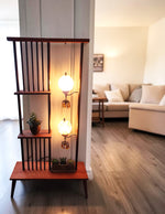 RESTORED MCM Atomic Age Walnut Room Divider w Shelves & Lamps 2
