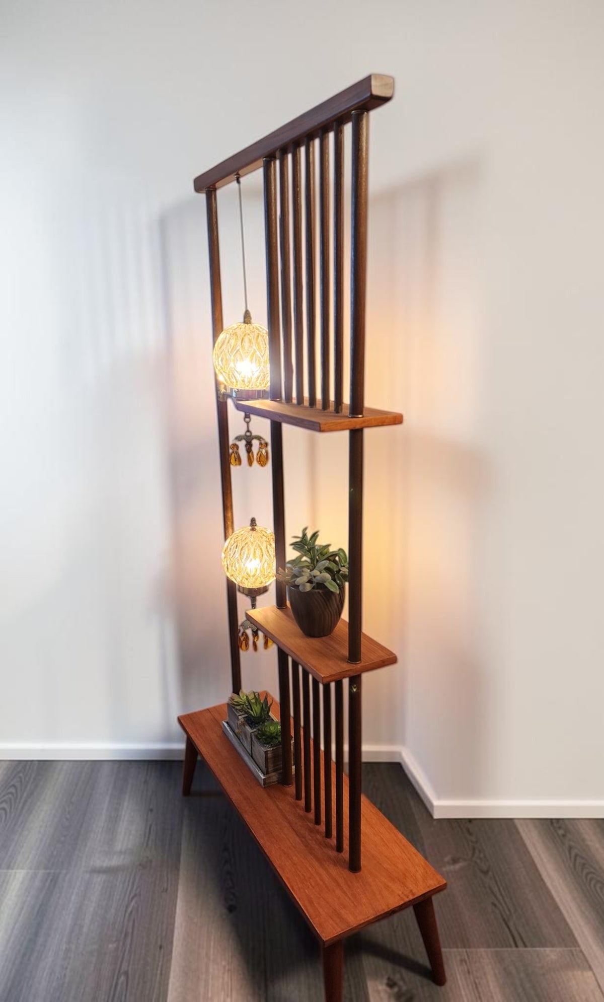 RESTORED MCM Atomic Age Walnut Room Divider w Shelves & Lamps