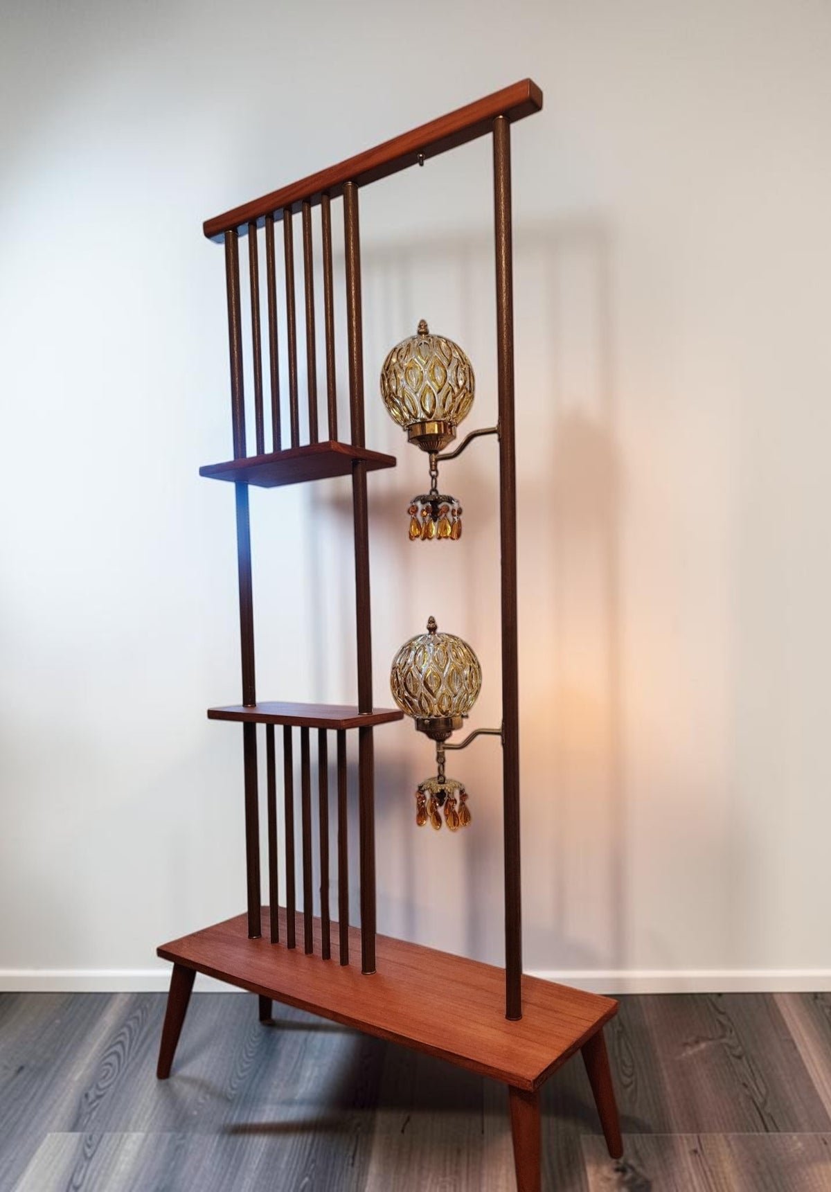 RESTORED MCM Atomic Age Walnut Room Divider w Shelves & Lamps