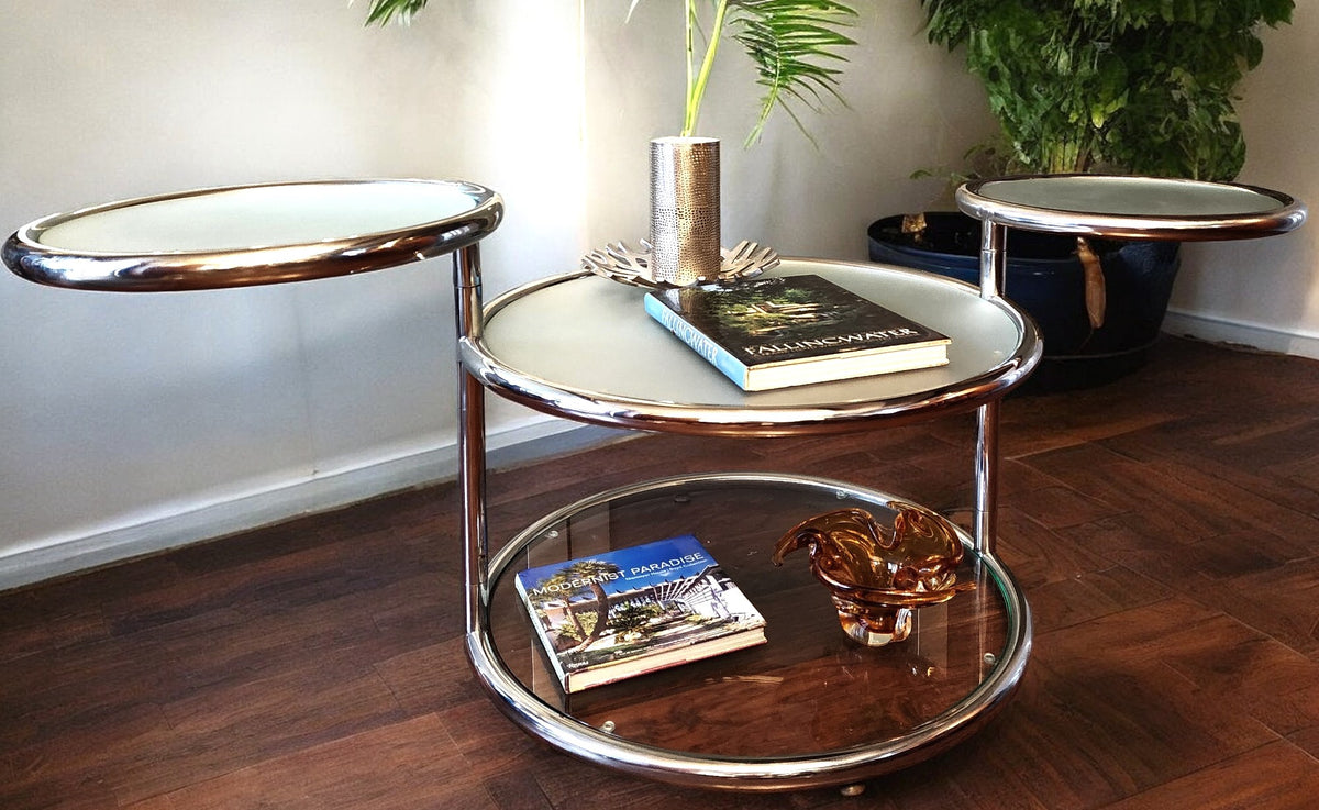 Mid Century Modern Milo Baughman Style Swivel Tiered Circles Coffee Table 29
