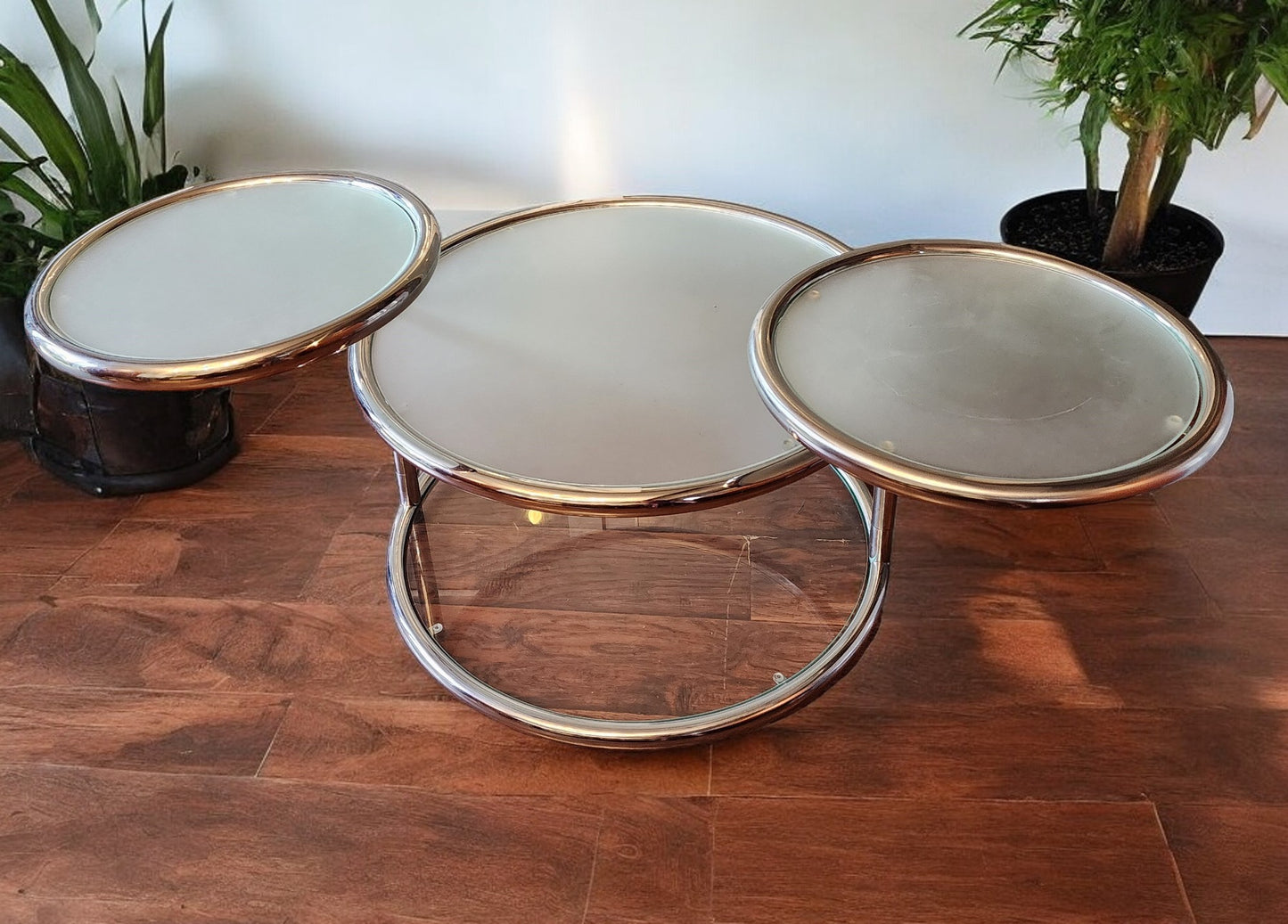 Mid Century Modern Milo Baughman Style Swivel Tiered Circles Coffee Table 29"-64"