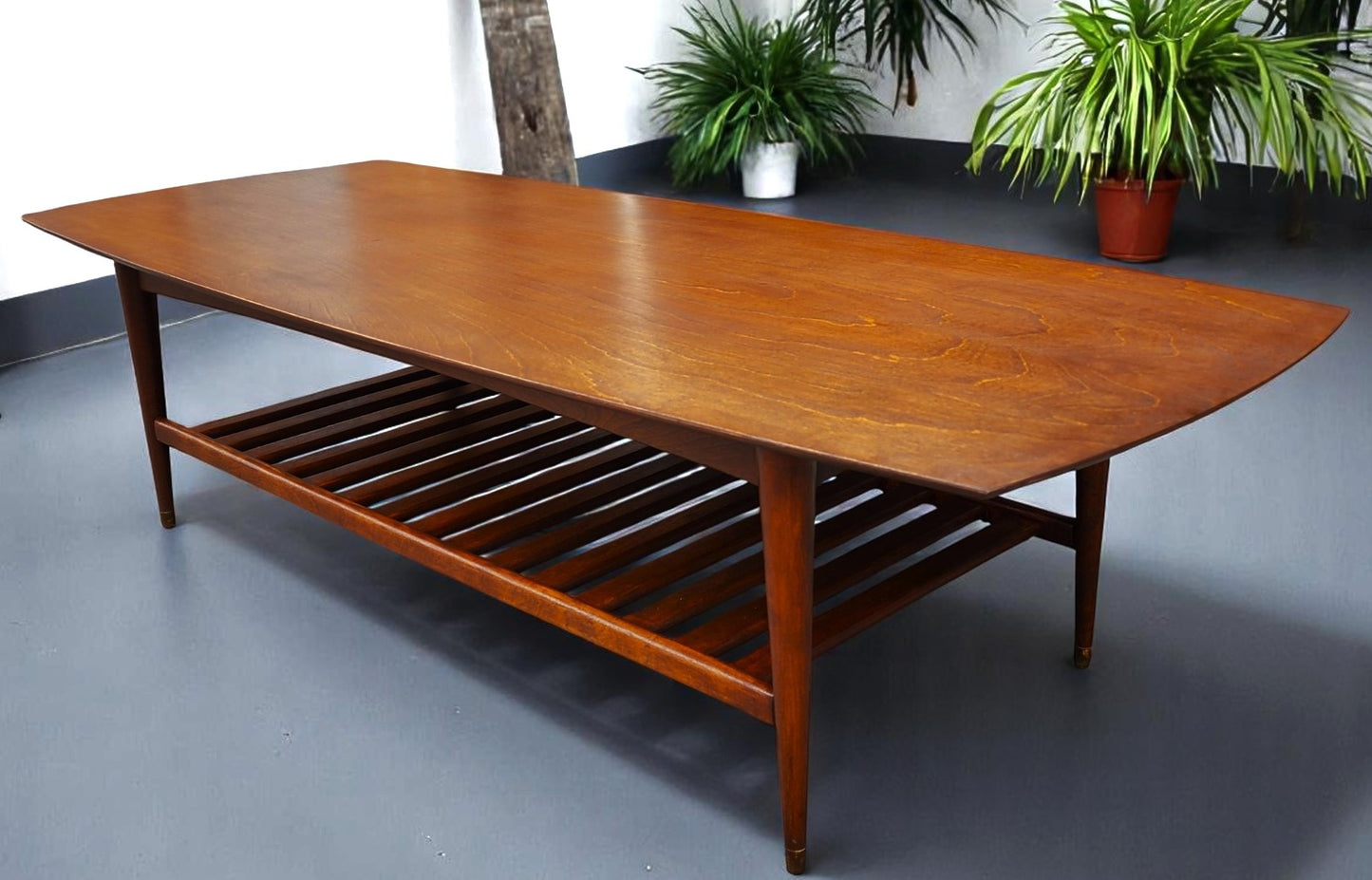 REFINISHED Mid Century Modern RUSPAN Surfboard Coffee Table w Shelf, 60"
