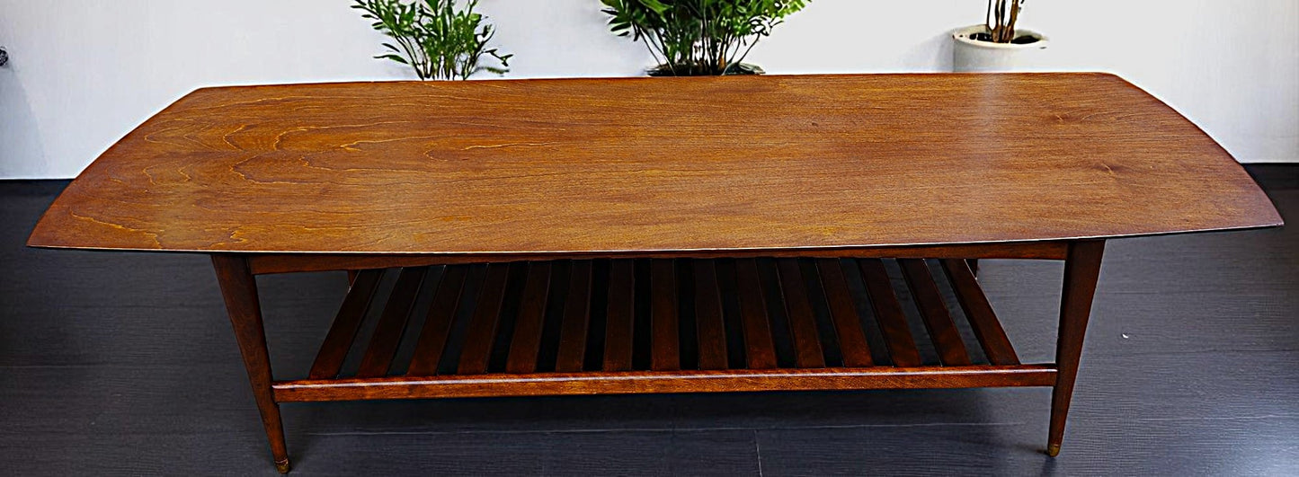 REFINISHED Mid Century Modern RUSPAN Surfboard Coffee Table w Shelf, 60"