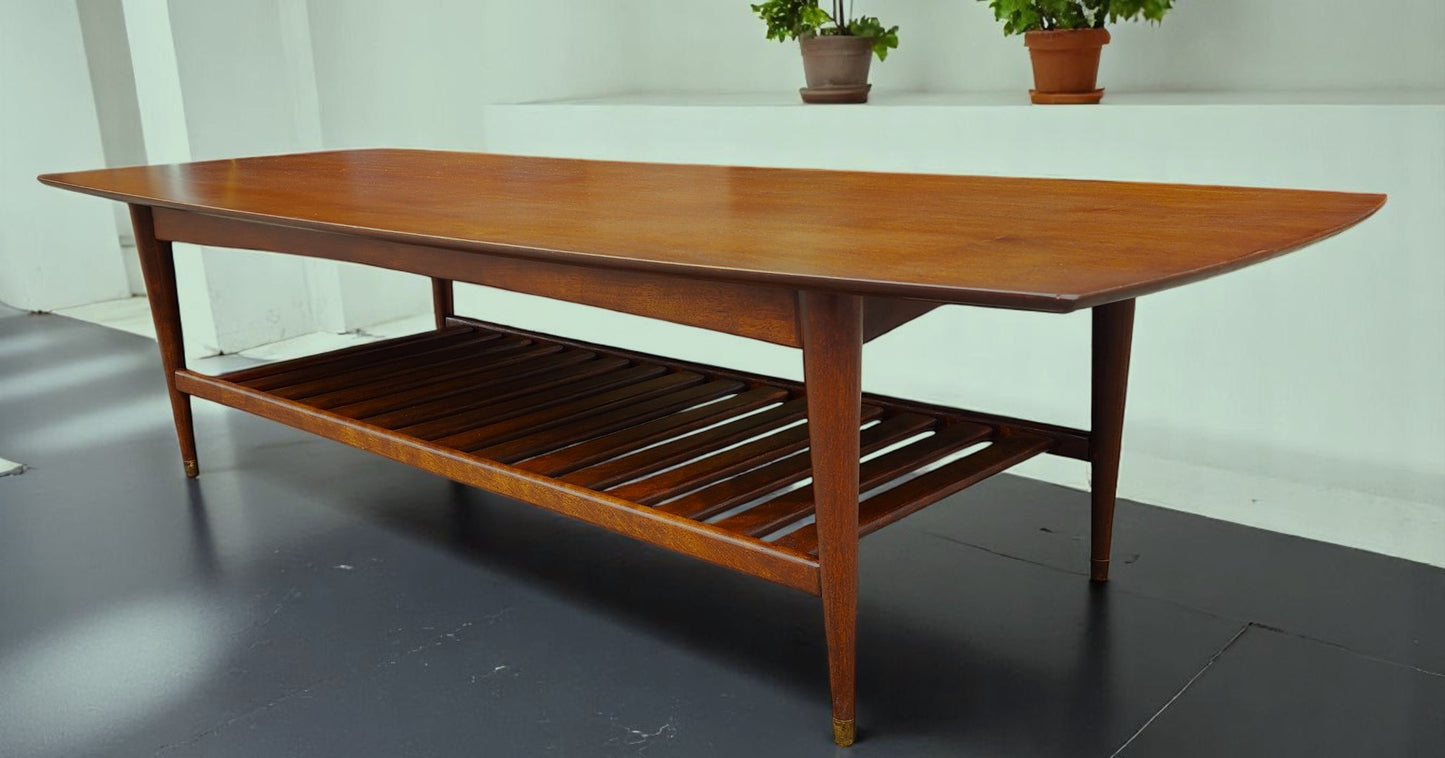 REFINISHED Mid Century Modern RUSPAN Surfboard Coffee Table w Shelf, 60"