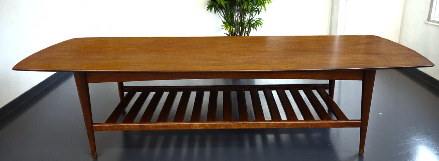 REFINISHED Mid Century Modern RUSPAN Surfboard Coffee Table w Shelf, 60"