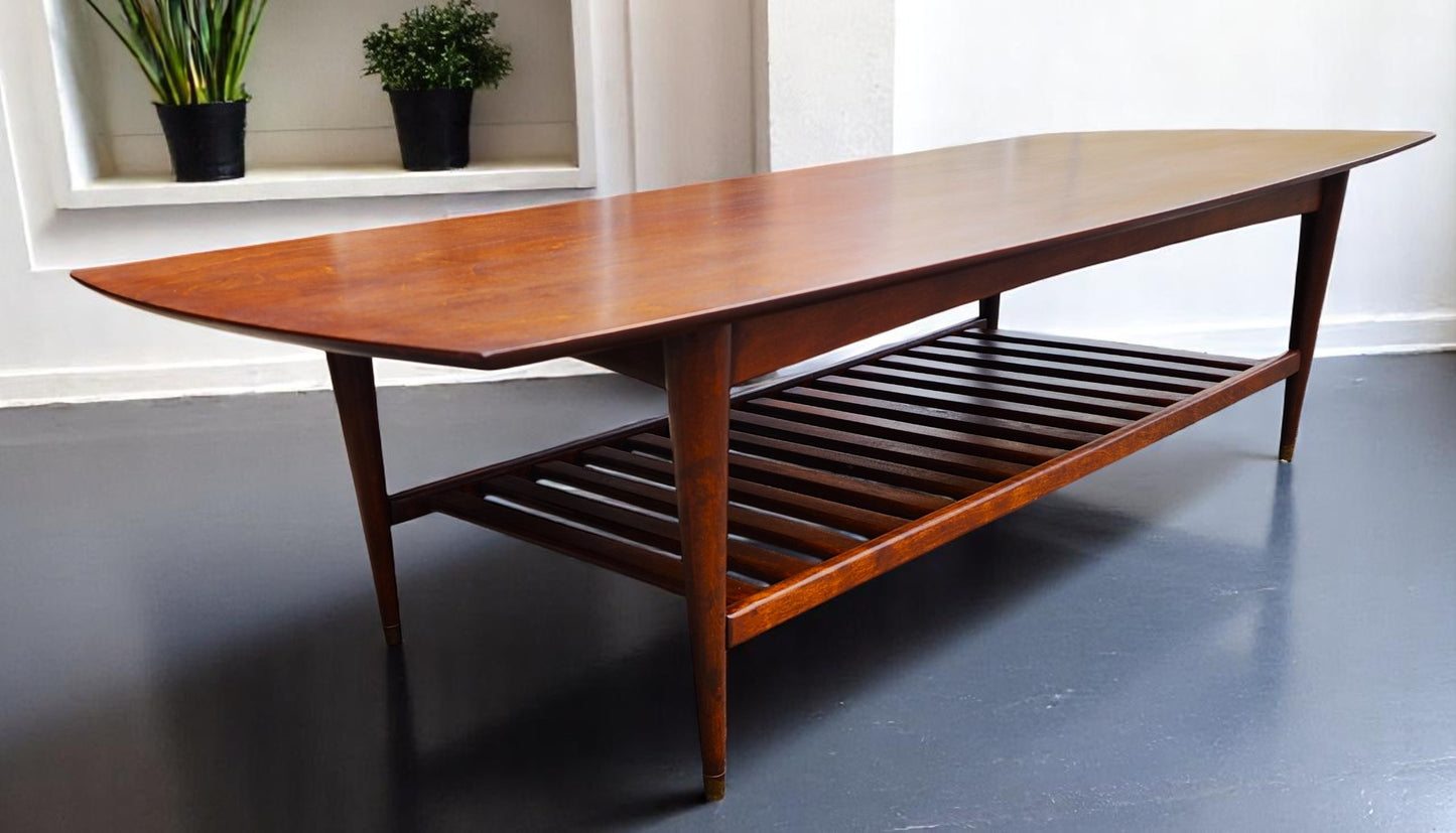 REFINISHED Mid Century Modern RUSPAN Surfboard Coffee Table w Shelf, 60"