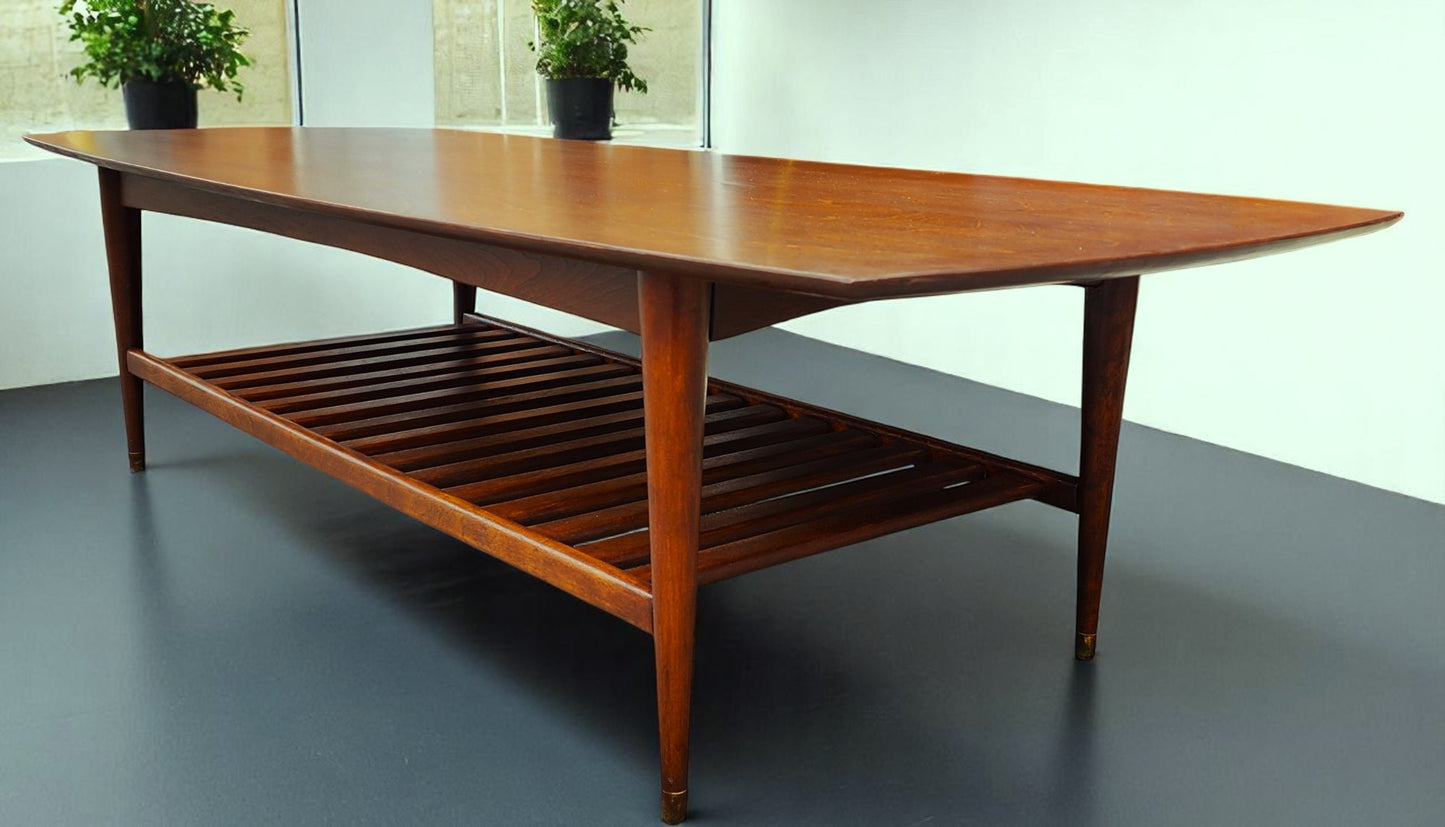 REFINISHED Mid Century Modern RUSPAN Surfboard Coffee Table w Shelf, 60"