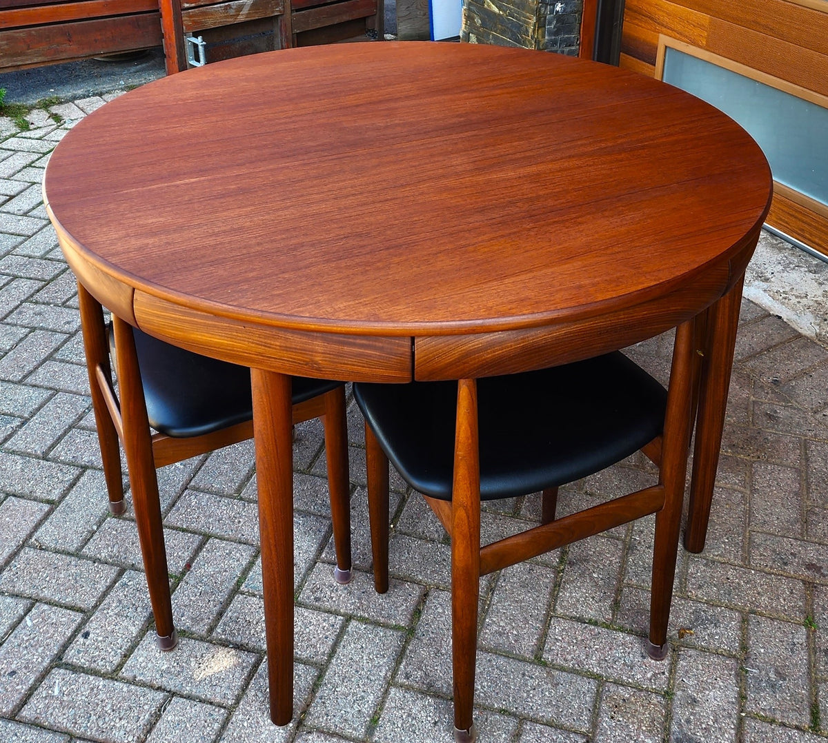 REFINISHED Danish MCM ROUNDETTE Teak Extension Table & 4 Chairs (four-legged) by Hans Olsen