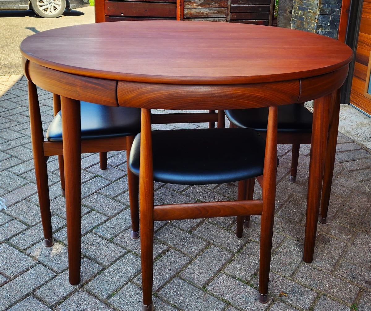 REFINISHED Danish MCM ROUNDETTE Teak Extension Table & 4 Chairs (four-legged) by Hans Olsen
