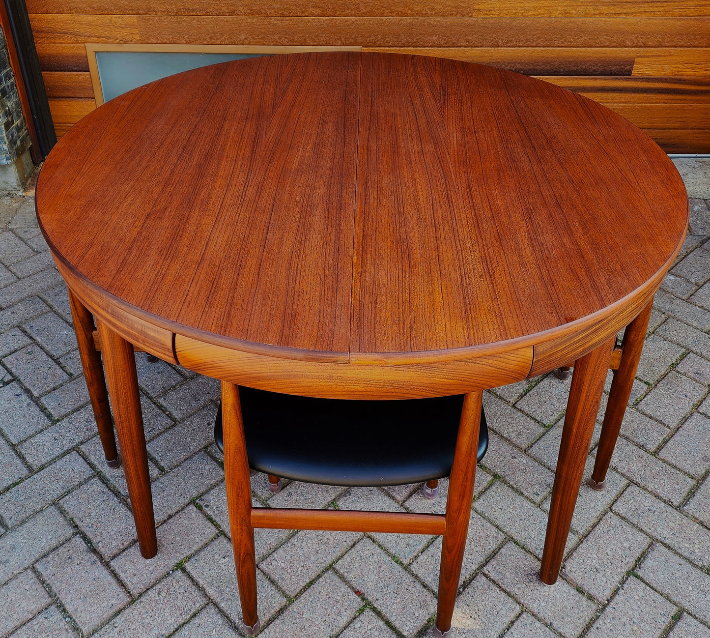 REFINISHED Danish MCM ROUNDETTE Teak Extension Table & 4 Chairs (four-legged) by Hans Olsen