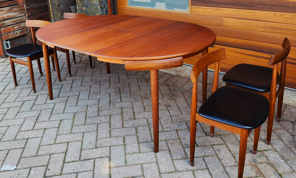 REFINISHED Danish MCM ROUNDETTE Teak Extension Table & 4 Chairs (four-legged) by Hans Olsen