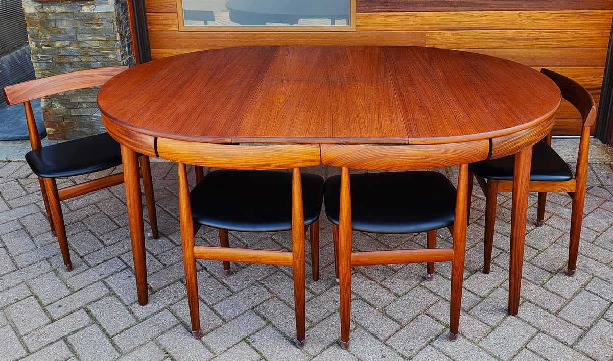 REFINISHED Danish MCM ROUNDETTE Teak Extension Table & 4 Chairs (four-legged) by Hans Olsen