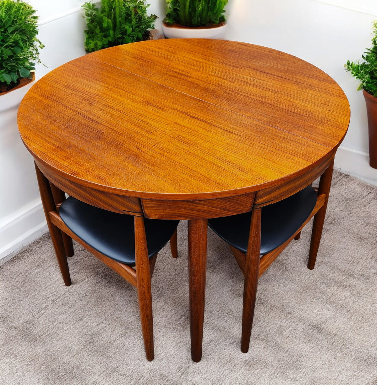 REFINISHED Danish MCM ROUNDETTE Teak Extension Table & 4 Chairs by Hans Olsen