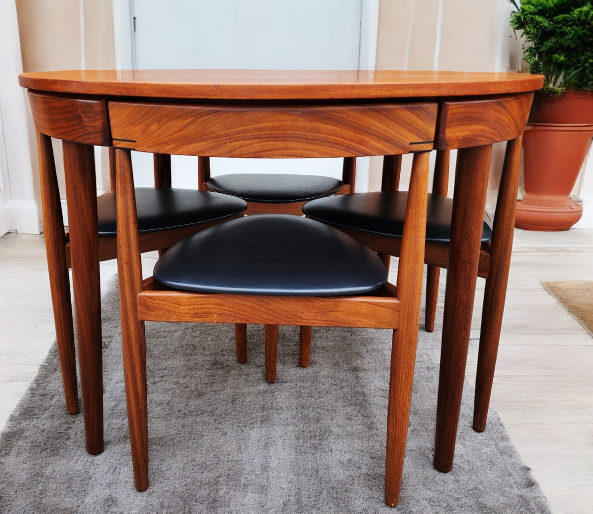 REFINISHED Danish MCM ROUNDETTE Teak Extension Table & 4 Chairs by Hans Olsen