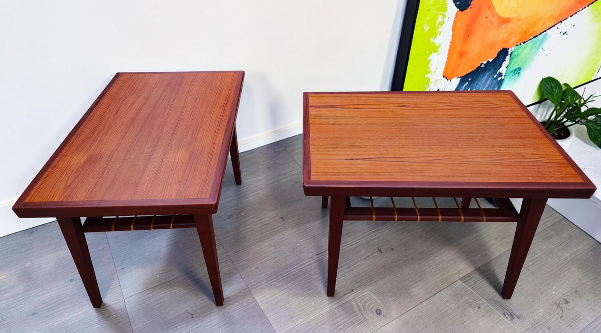 2 REFINISHED Mid Century Modern Teak Accent Tables w Cane Shelves